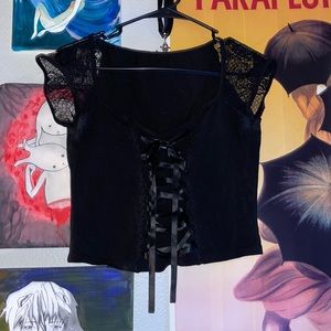 black corseted ribbon lace top
